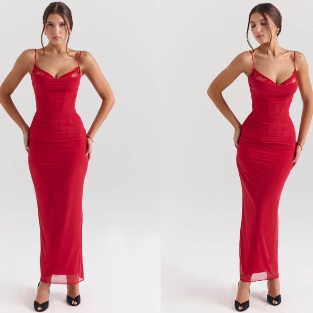 HOUSE OF CB 'Nalini' Holly Red Mesh Corset Maxi Dress NWOT - Picture 3 of 10